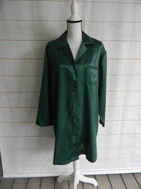 VTG MOMENTS GREEN SATIN Nightgown Button Down COLLAR OVERSIZED SZ M